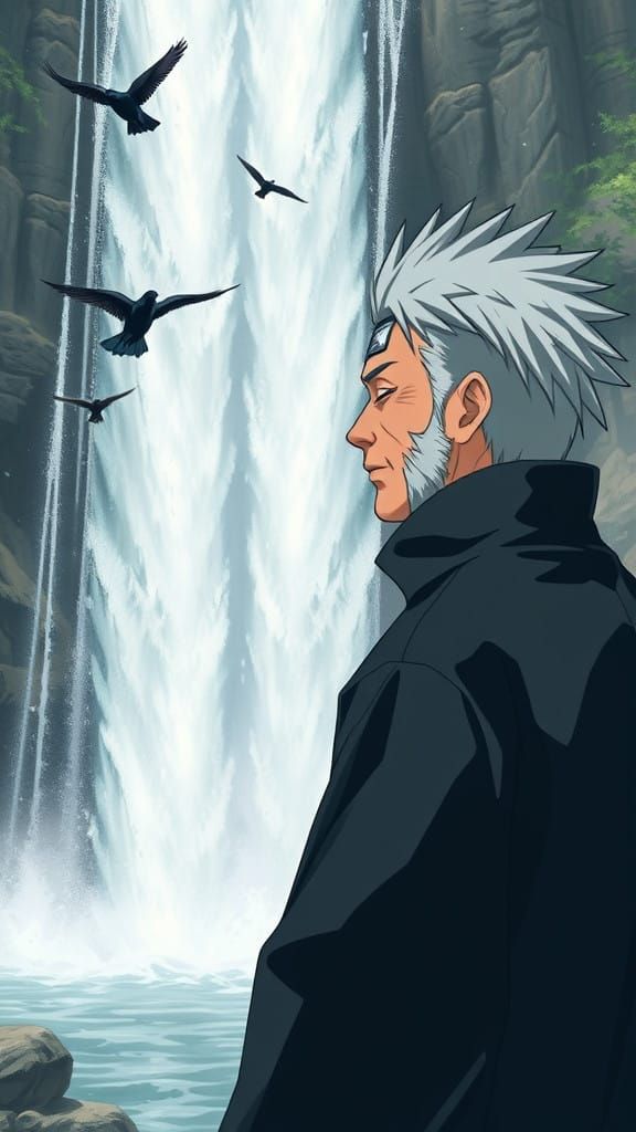 Naruto Hokage in Serene Waterfall Moment