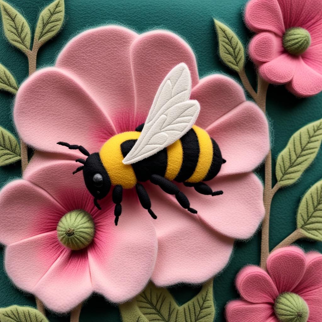 Felt Art Bumble Bee on Pink Hollyhock