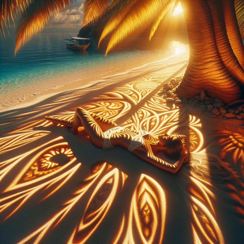 Sun-Drenched Beach Scene with Sunbathing Woman