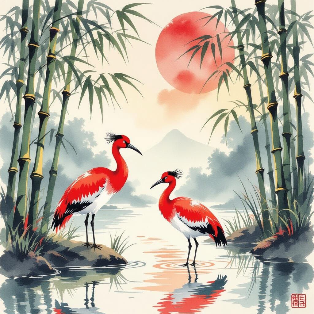 Scarlet Ibis by a Pond: Japanese Watercolor Art