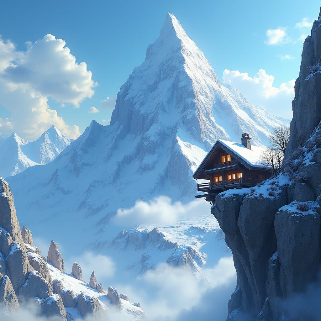 Snowy Mountain Chalet: Dreamlike Digital Landscape