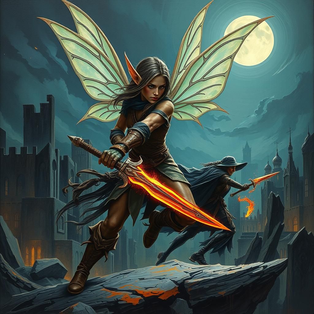 Fairy Elf Warrior's Impasto Battle Against Horror Witch