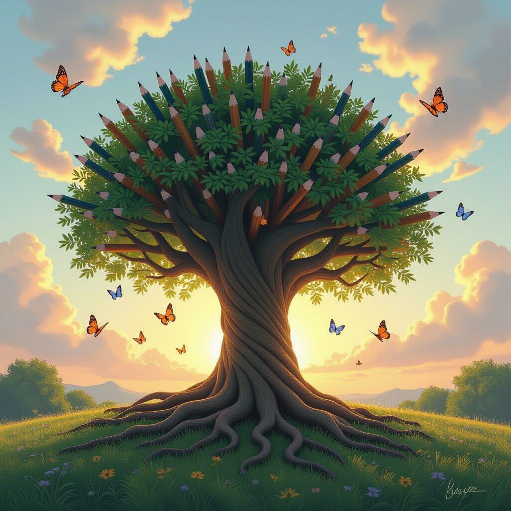 Giant Pencil Tree With Graphite Leaves in Dawn Light