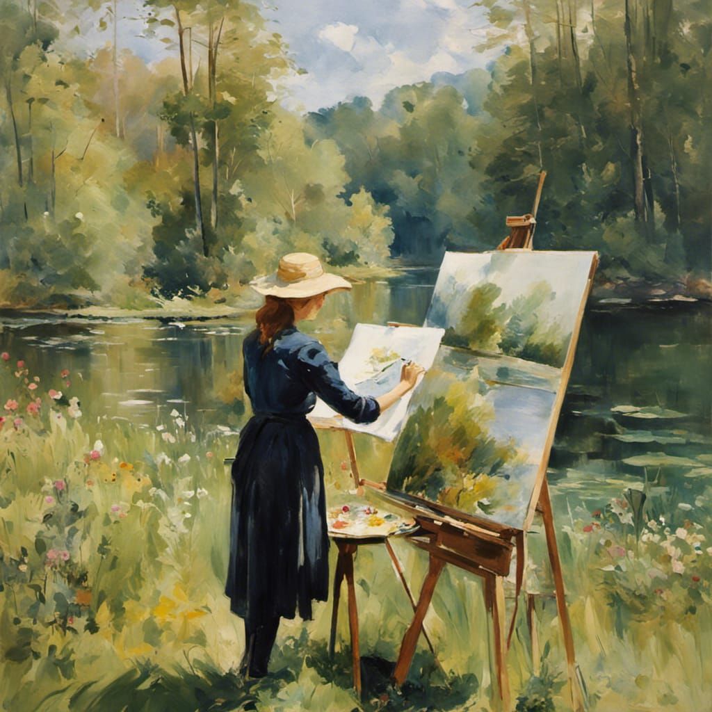 Impressionist Artist Painting Forest Landscape en Plein Air