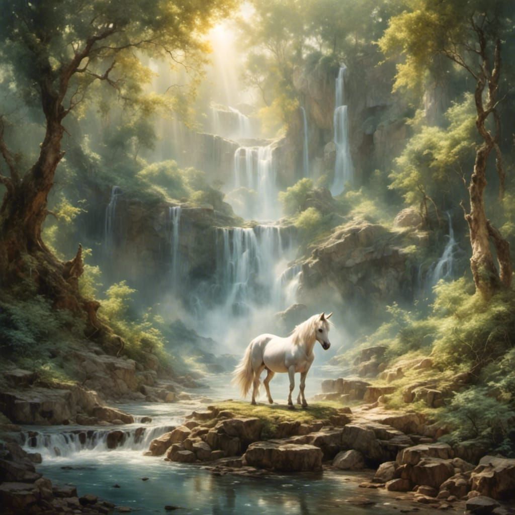 Unicorn in Forest Glade at Golden Hour