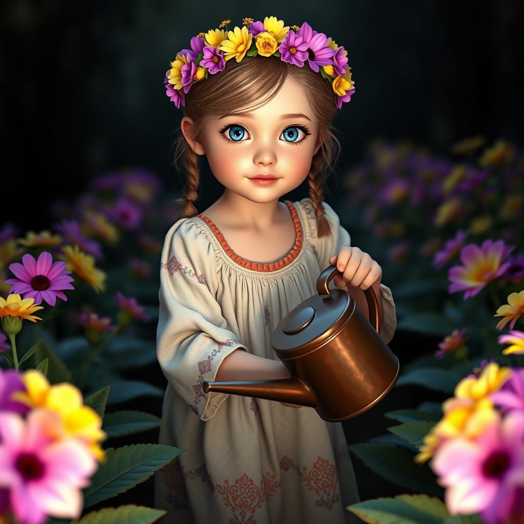 Hyperrealistic Girl with Flower Crown in Fantasy Garden