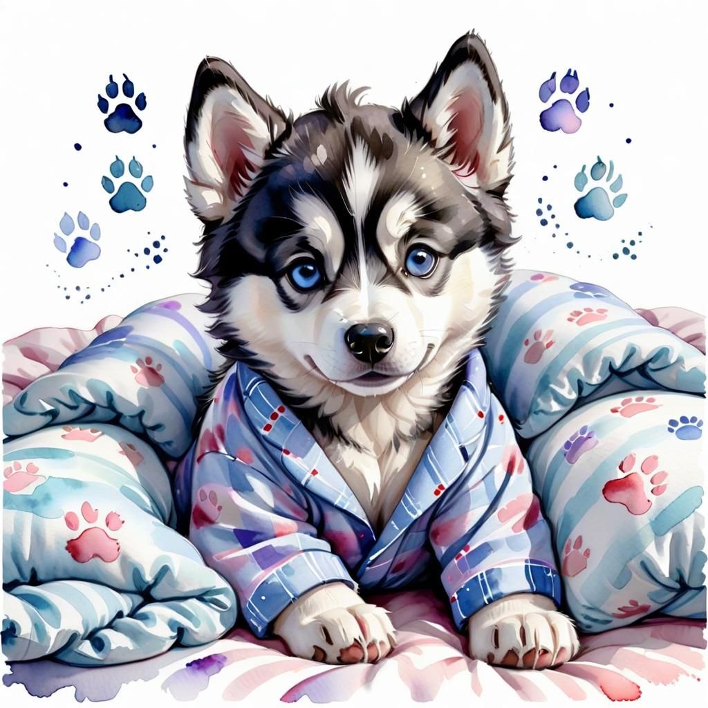 Whimsical Husky Puppy in Pajamas Watercolor