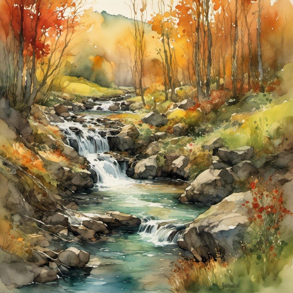 Vibrant Autumn Landscape with Waterfall in Matte Painting