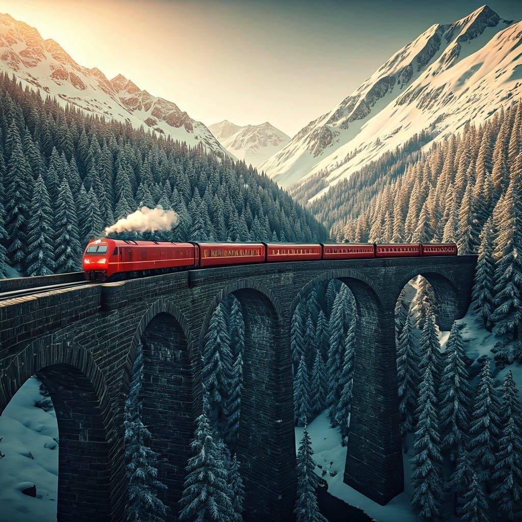 Crimson Train Journey Through Winter Wonderland