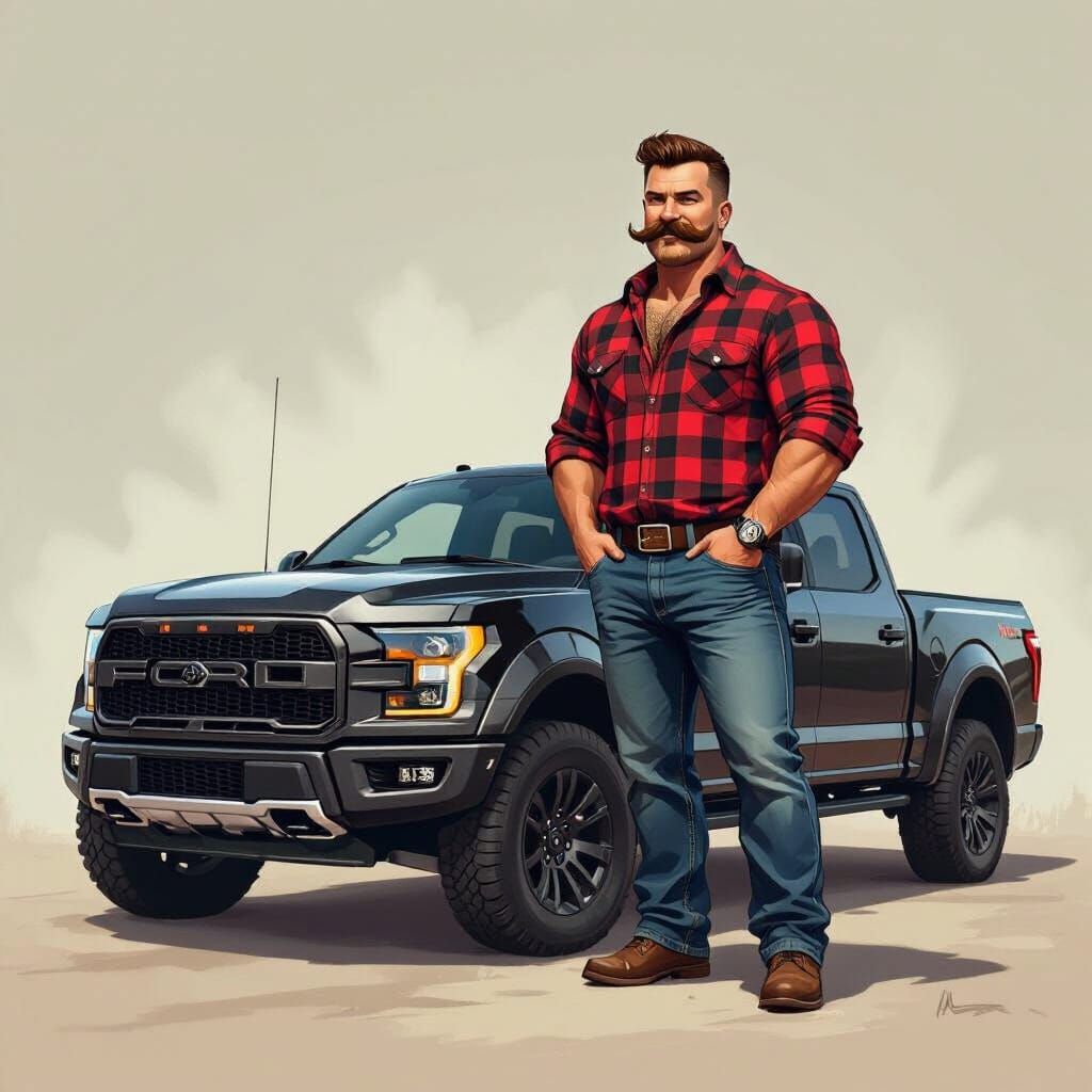 Muscular Man and Ford Ute in Stylized Realism