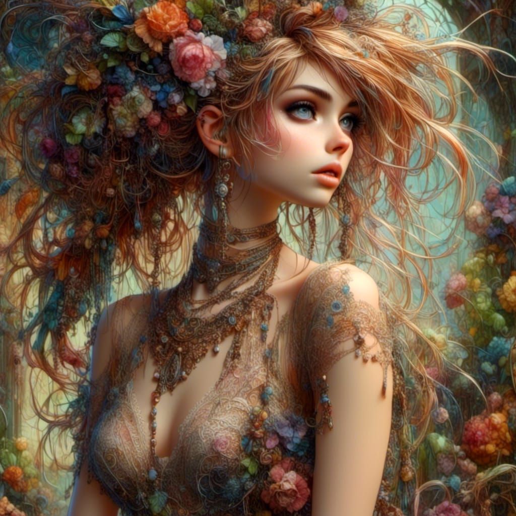 Art Nouveau Punk Woman in Vineyard