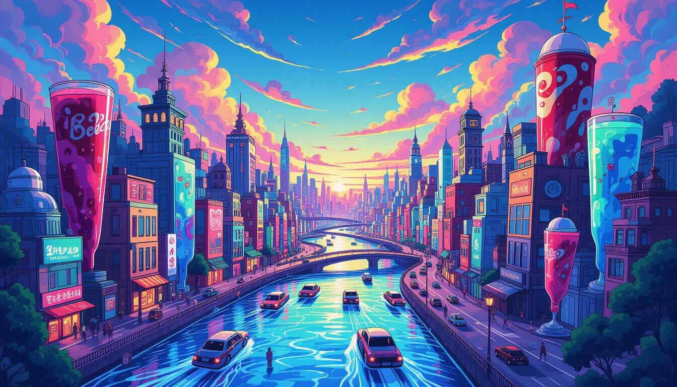 Liquid Cityscape with Neon Soda Rivers in Anime Style