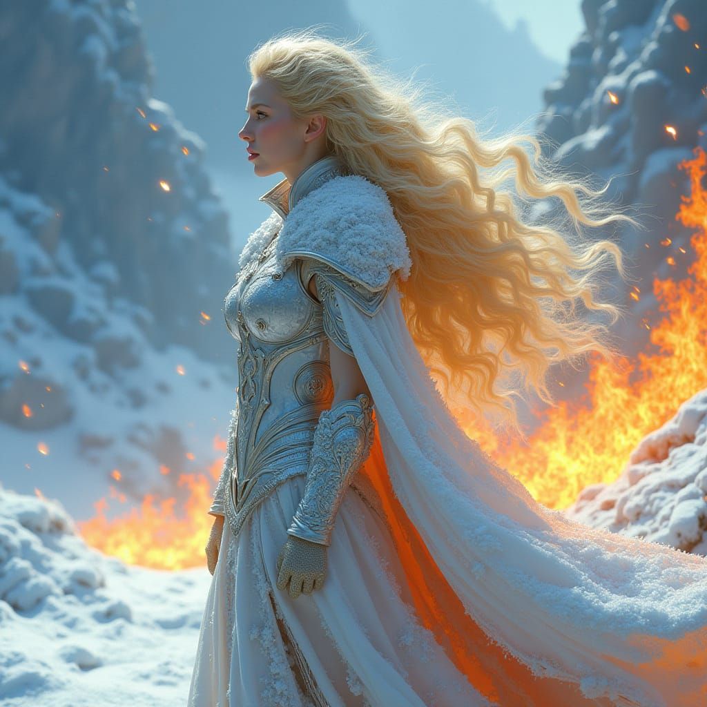 Goddess of Ice and Fire in Dystopian Landscape