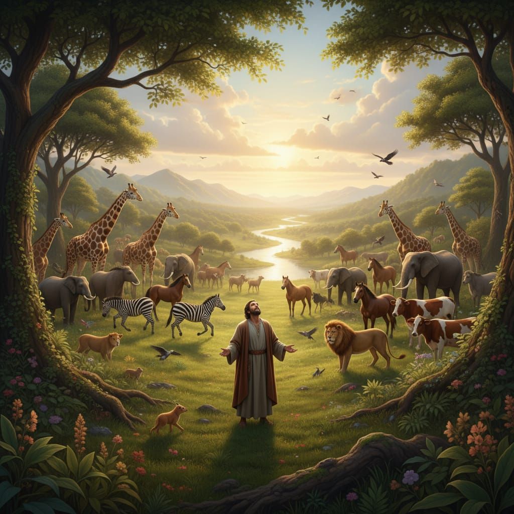 Creation of Land Animals in Golden Hour Landscape