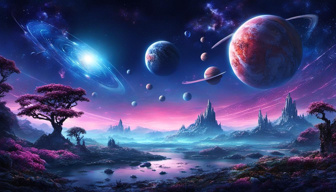 Ethereal Forest Glade with Galactic Sky, Watercolor Art