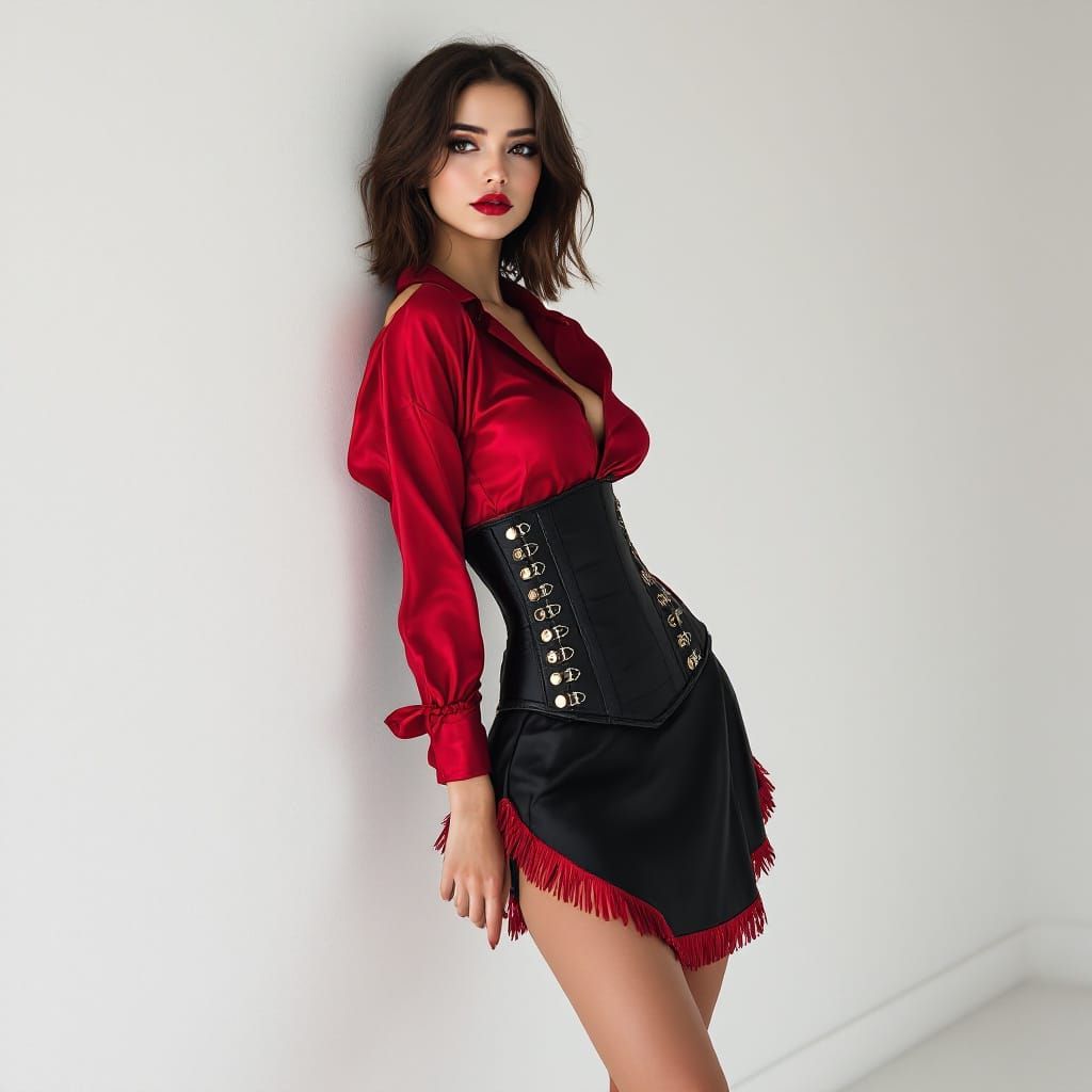 Confident Woman Poses in Red Satin Outfit