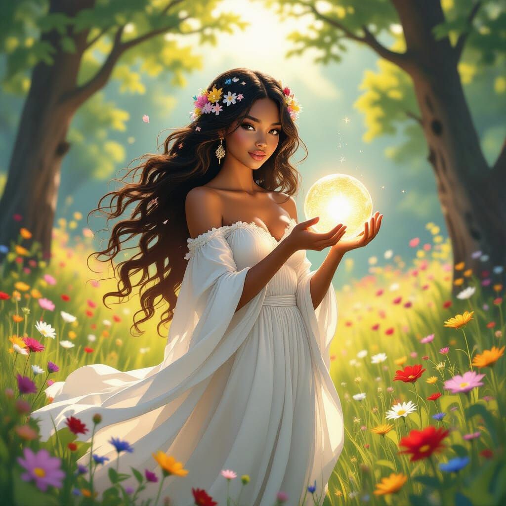 Black Woman in Meadow, Art Nouveau Style