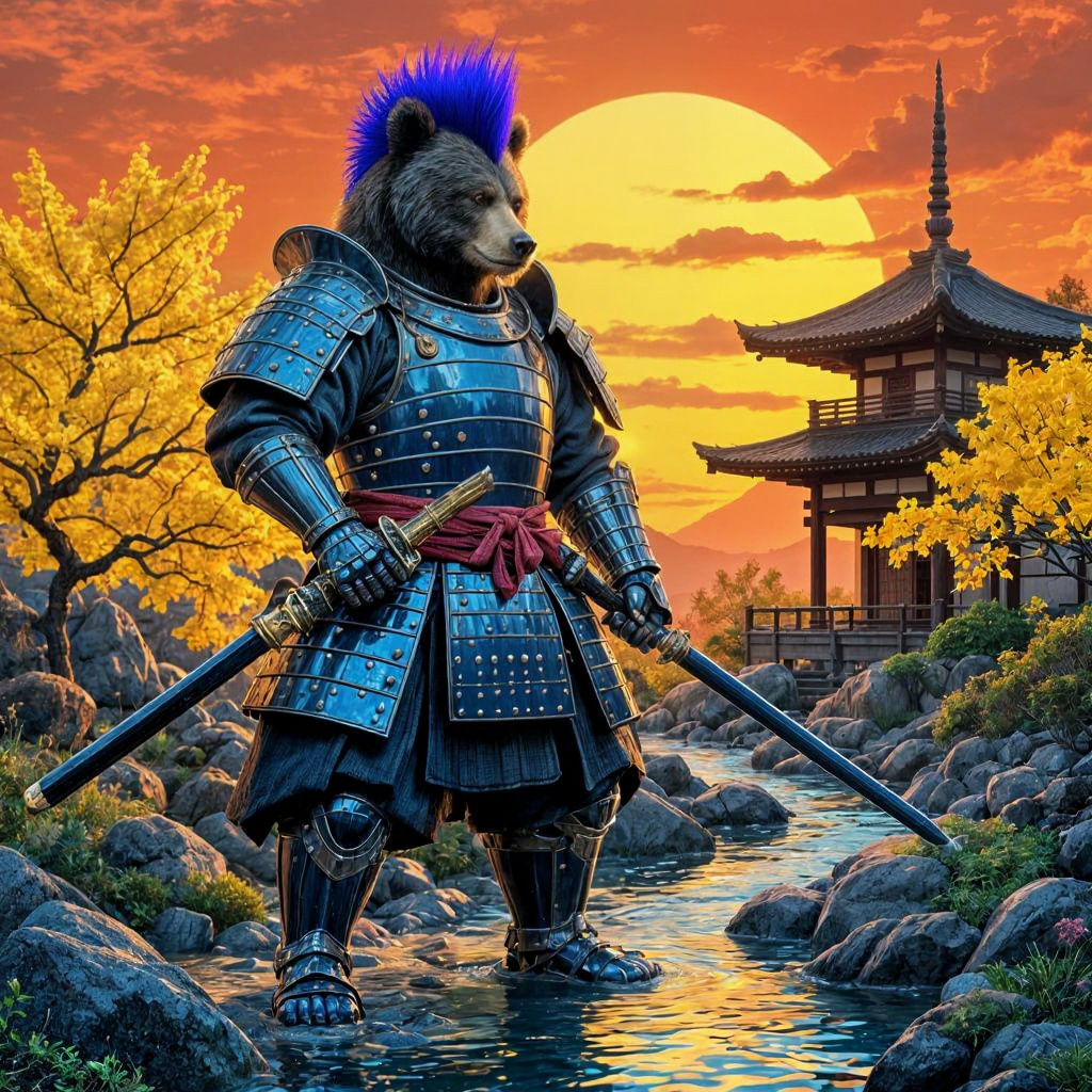 Armored Samurai Bear in Japanese Garden