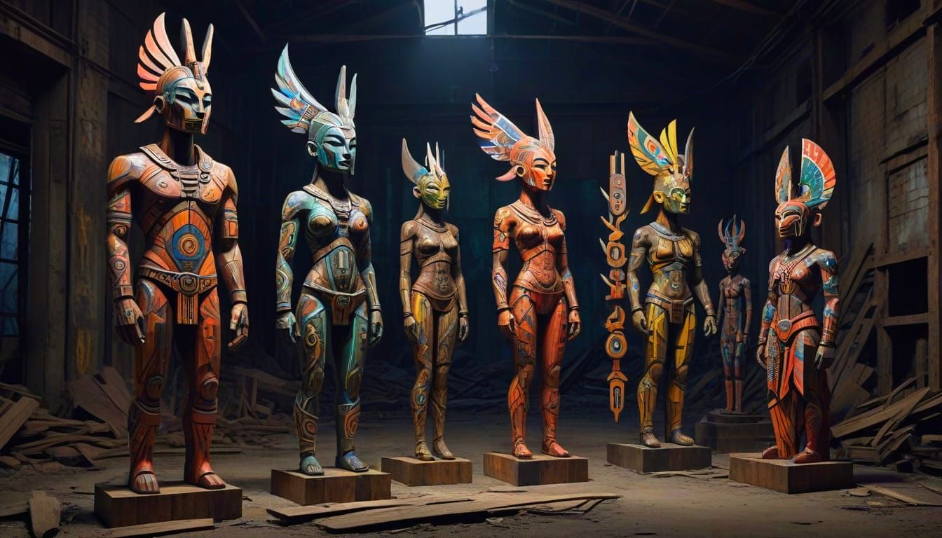 Modern Tribal Wooden Sculptures in Post Apocalyptic Ruins