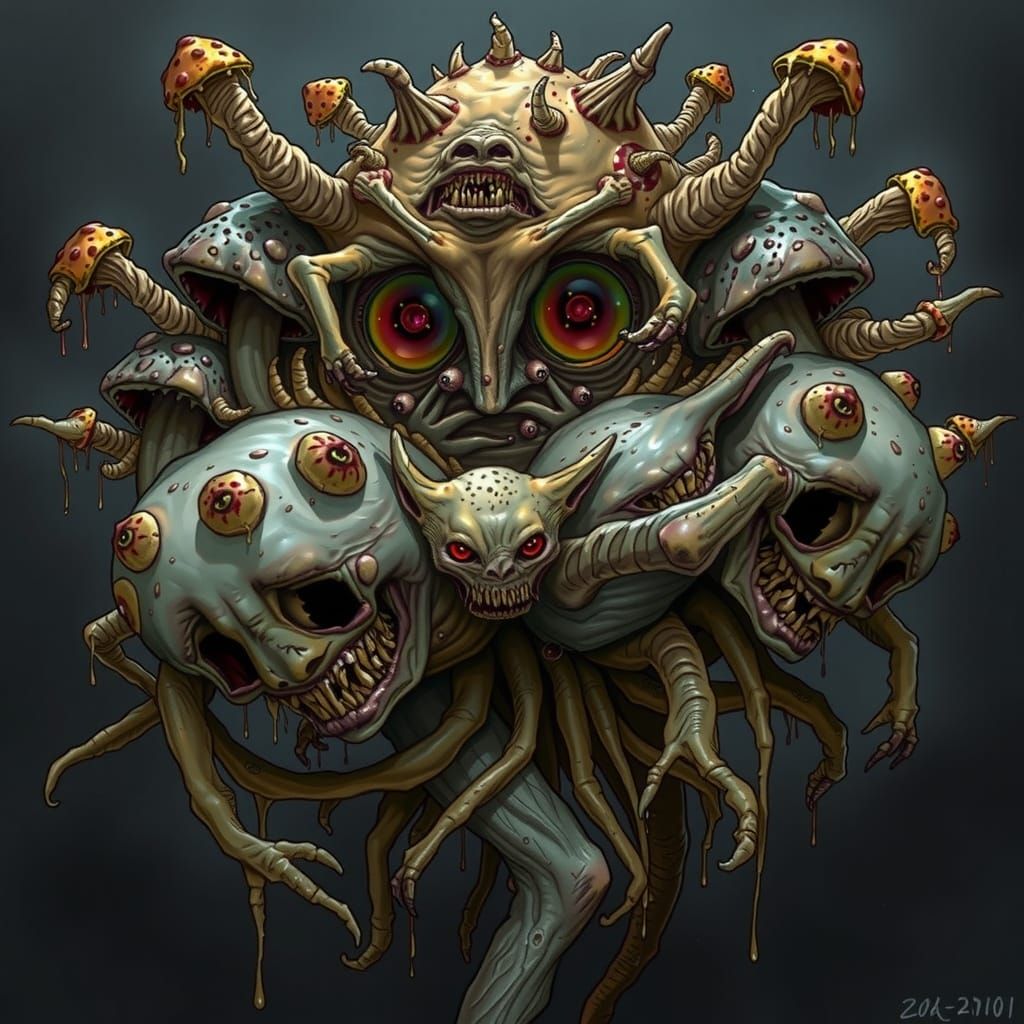 Grotesque Goblin Lost in Hellish Psychedelic Landscape