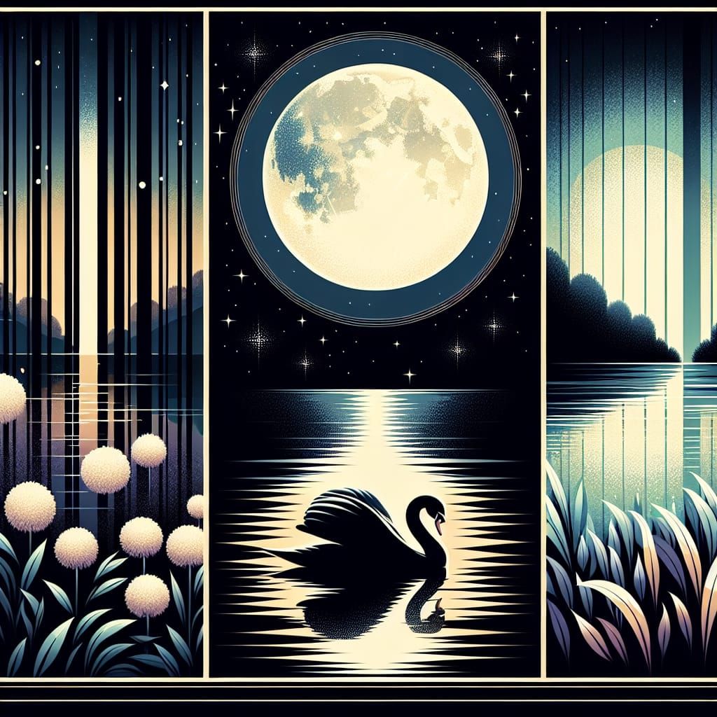 Moonlit Lake Scene in Art Deco Style