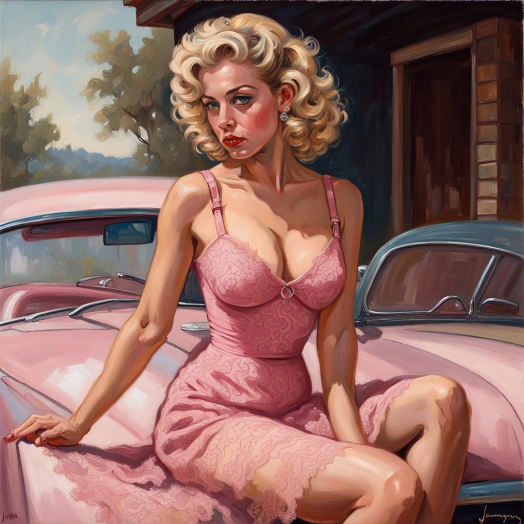 Blond Pin-Up in Pink Dress, Gurney Oil Painting