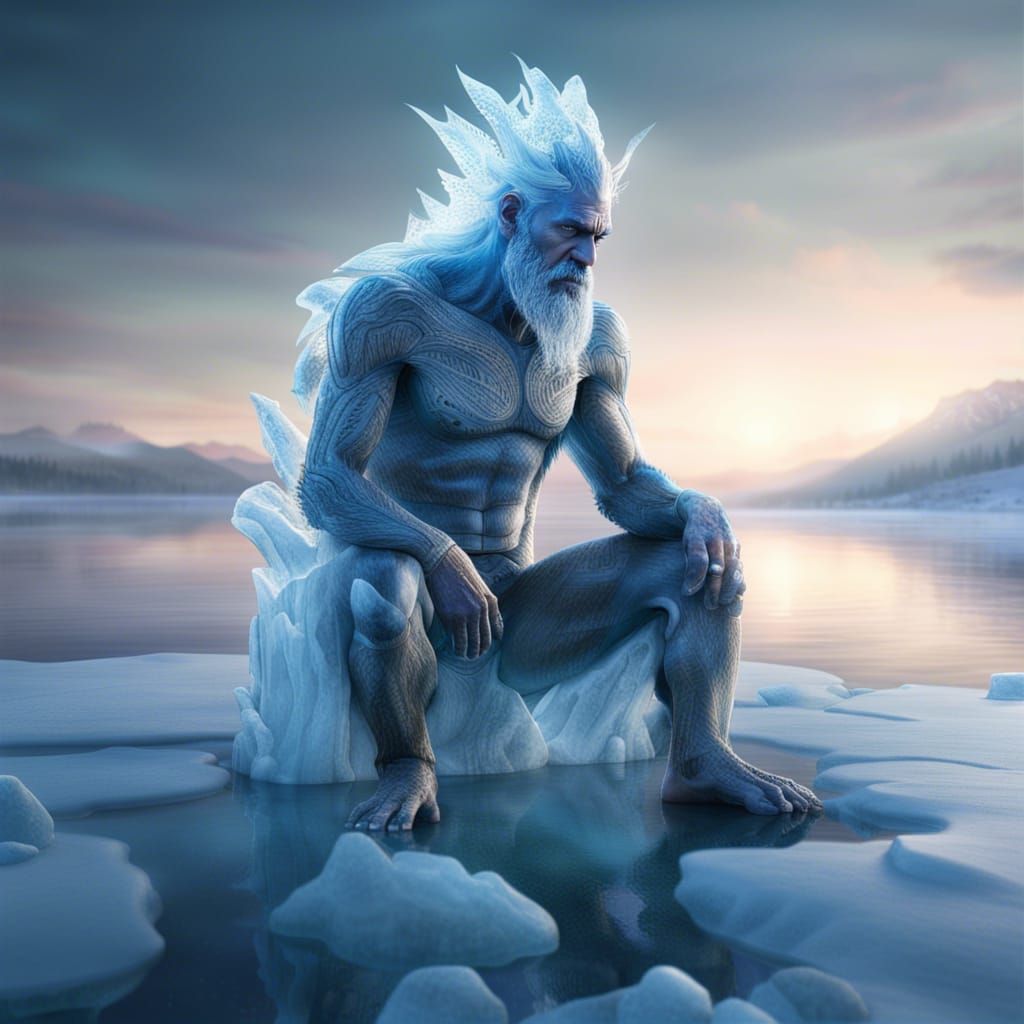 Melancholy Ice Giant Reflecting by Frozen Lake