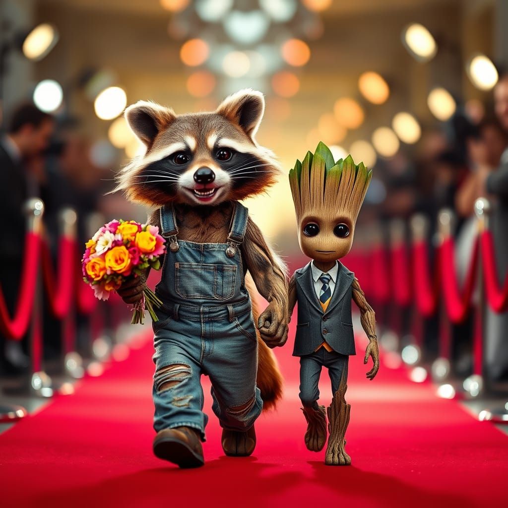 Glamorous Rocket and Groot Steal the Red Carpet