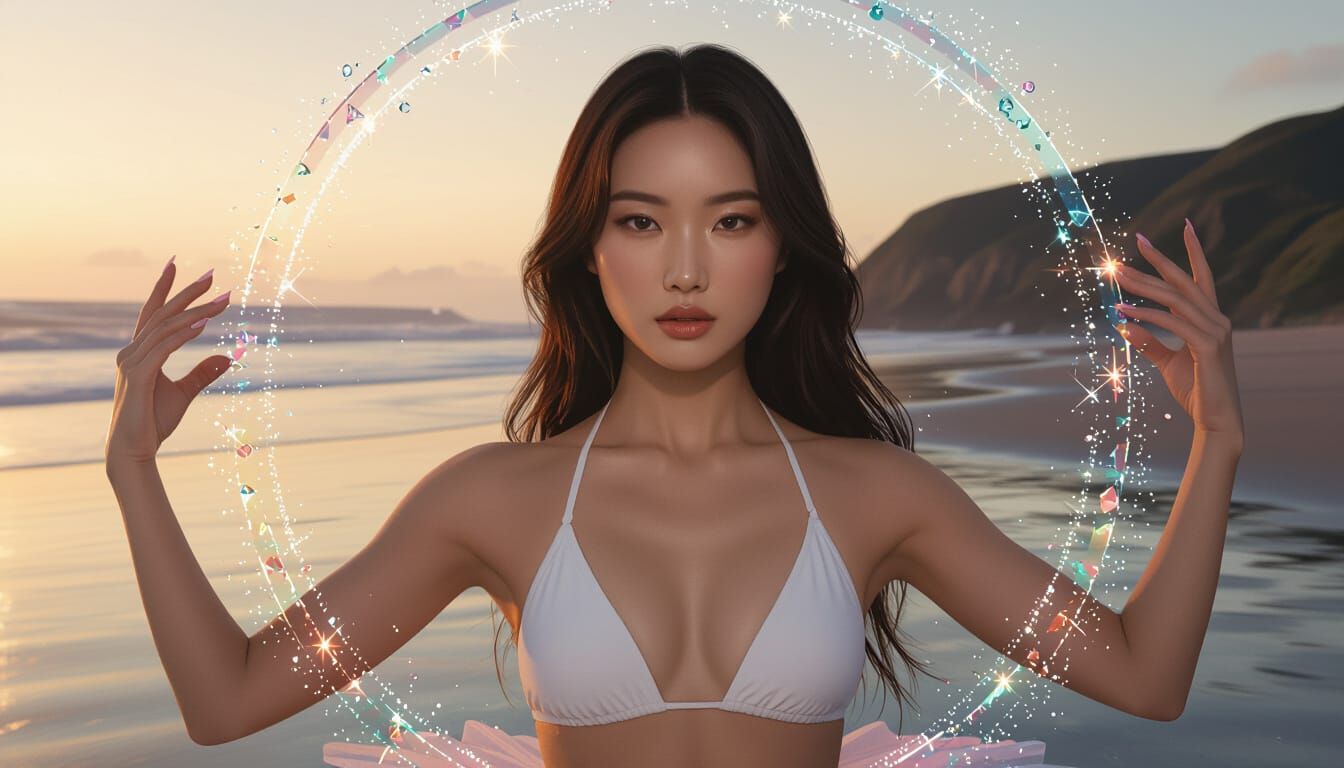 Ballerina on Beach at Dusk in Hyperrealistic Style