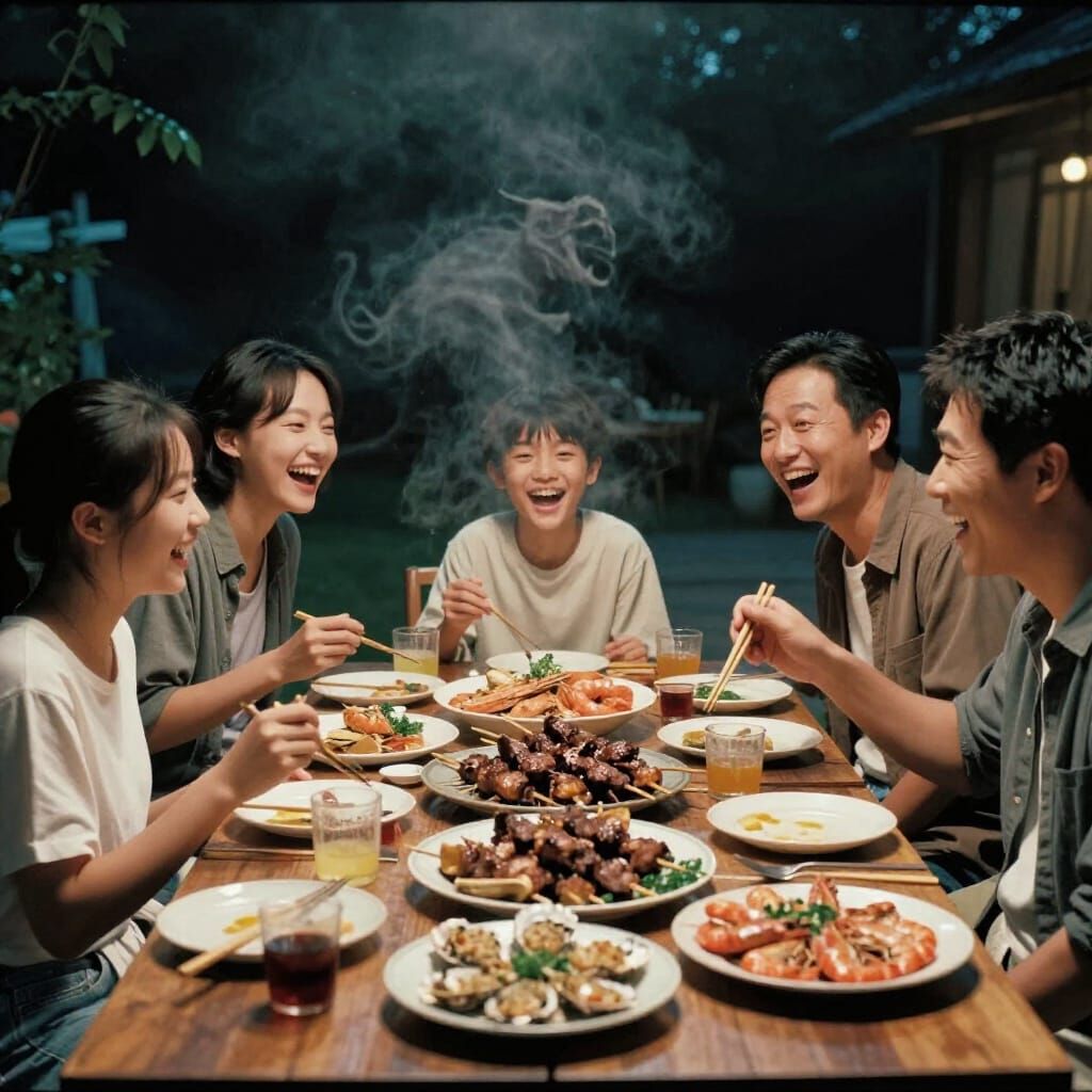 Joyful Chinese Family BBQ Dinner in Hyper-Realistic Style