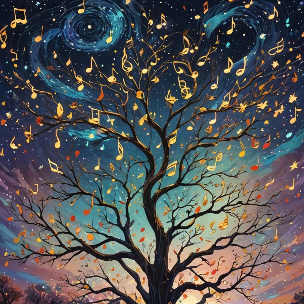 Musical Tree in Starry Anime Dreamscape