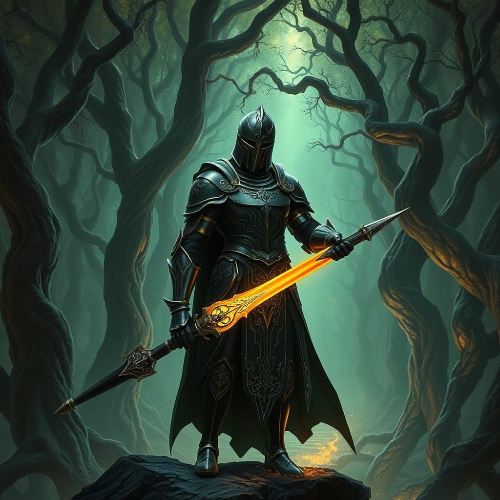 Bioluminescent Forest Guardian: A Digital Art Nouveau Knight