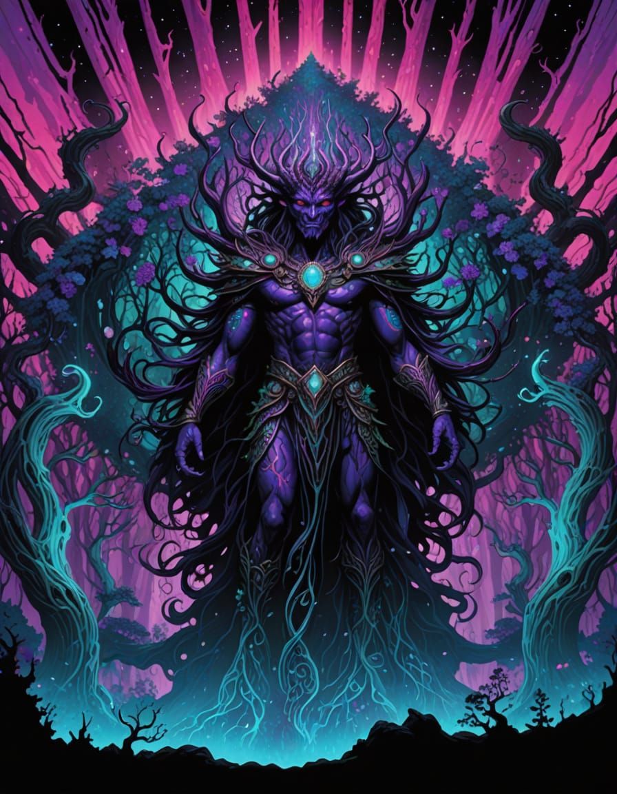 Surreal Fantasy Demon Amidst Vibrant Purple Forest
