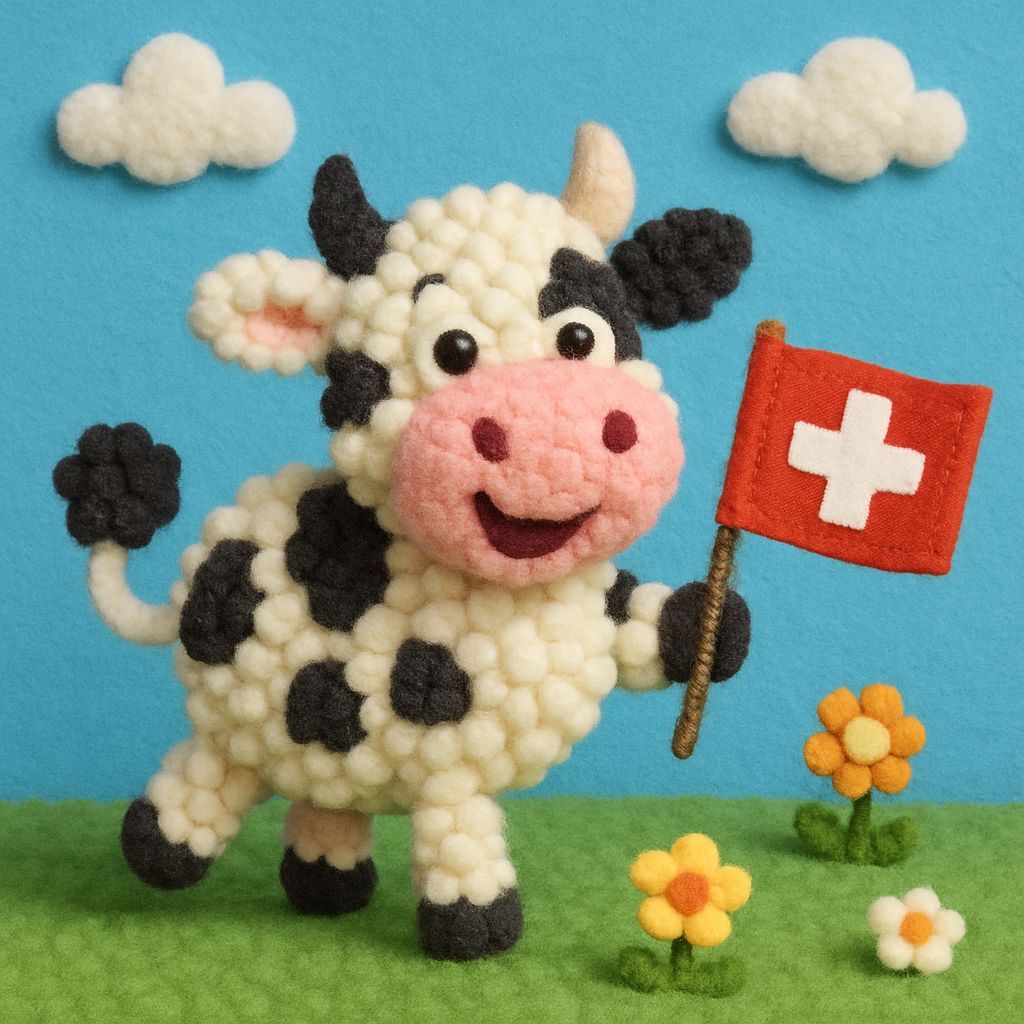 Pom-Pom Cow with Swiss Flag in 3D Craft Style