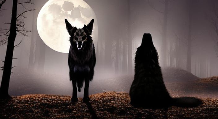 Ethereal Moon Eyed Girl in Dark Forest with Wolves