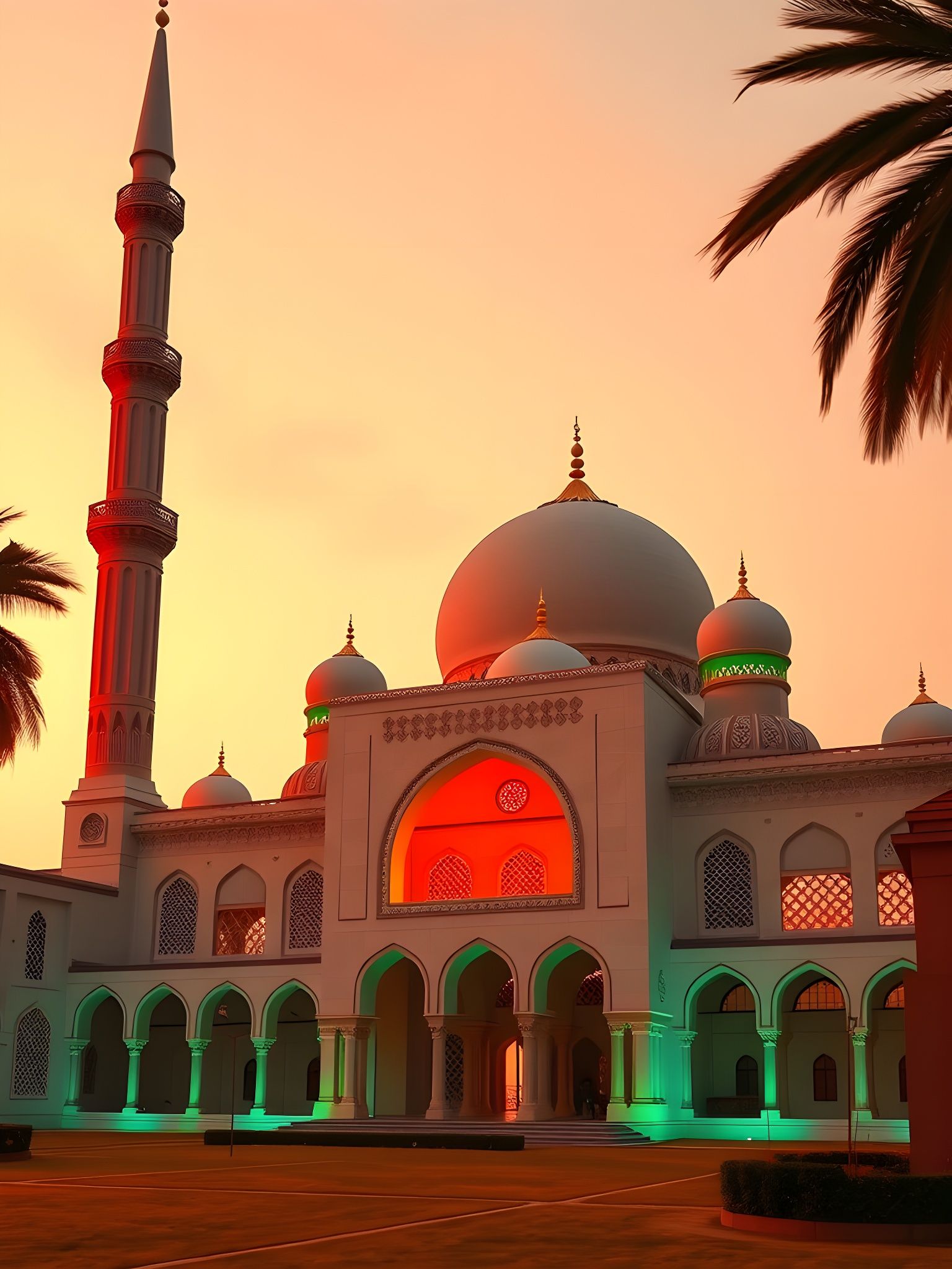 Elegant Mosque Architecture in Harmonious Orange and Green