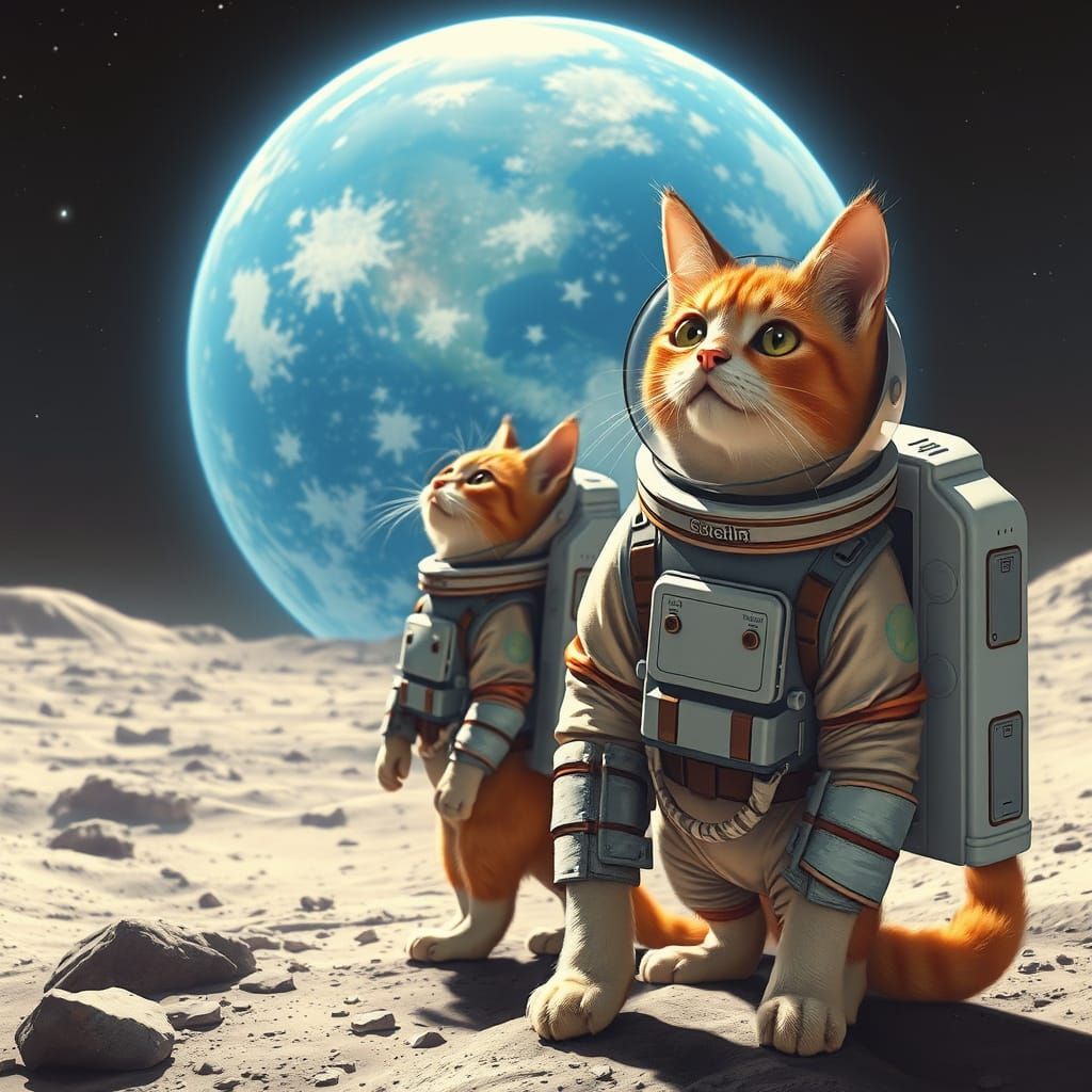 Astronaut Cats Contemplate Earth from the Moon