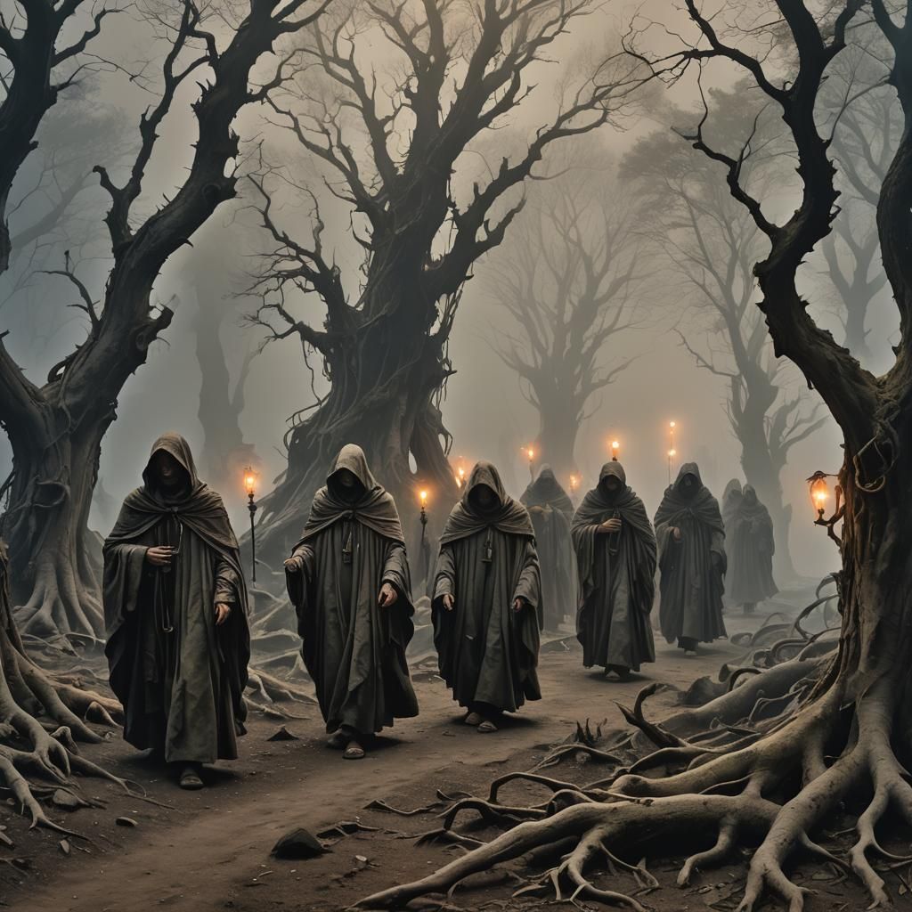 Ethereal Figures Journey Through a Dark Underworld