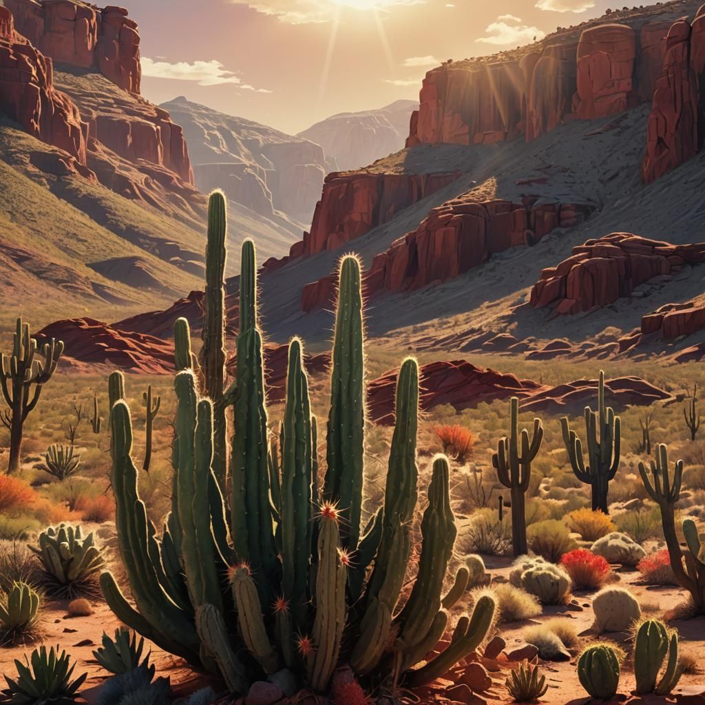 Vibrant Cactus on Desert Mesa: Digital Art