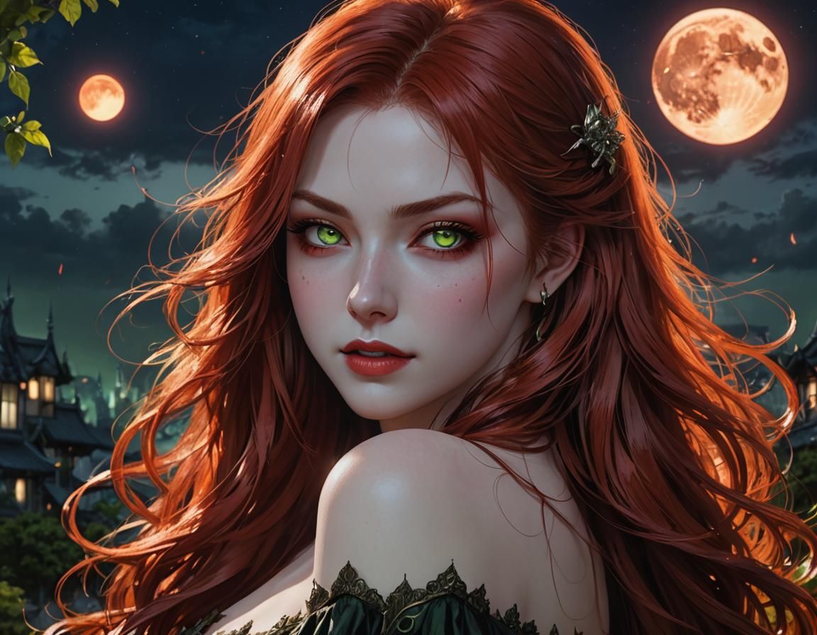 Anime Vampire Girl with Red Hair and Green Eyes
