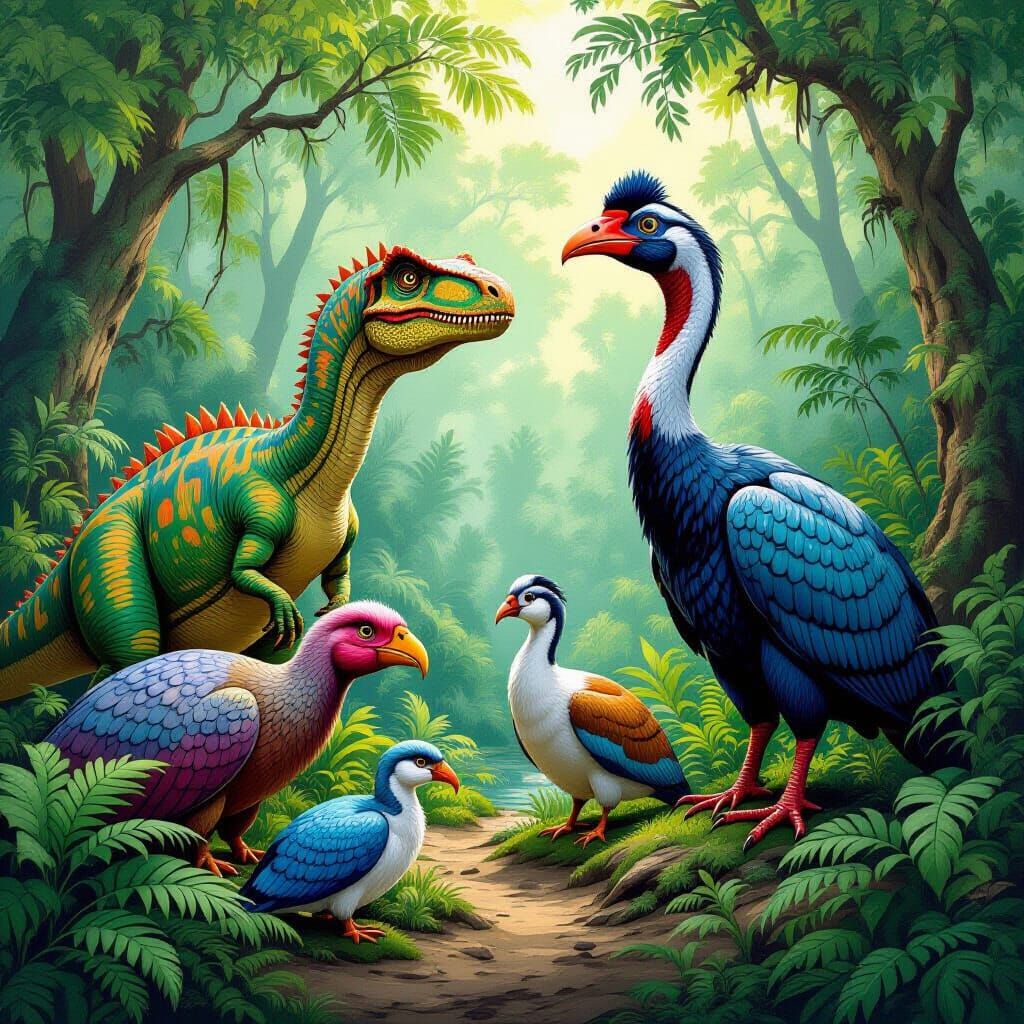 Extinct Animals in Prehistoric Forest Illustration