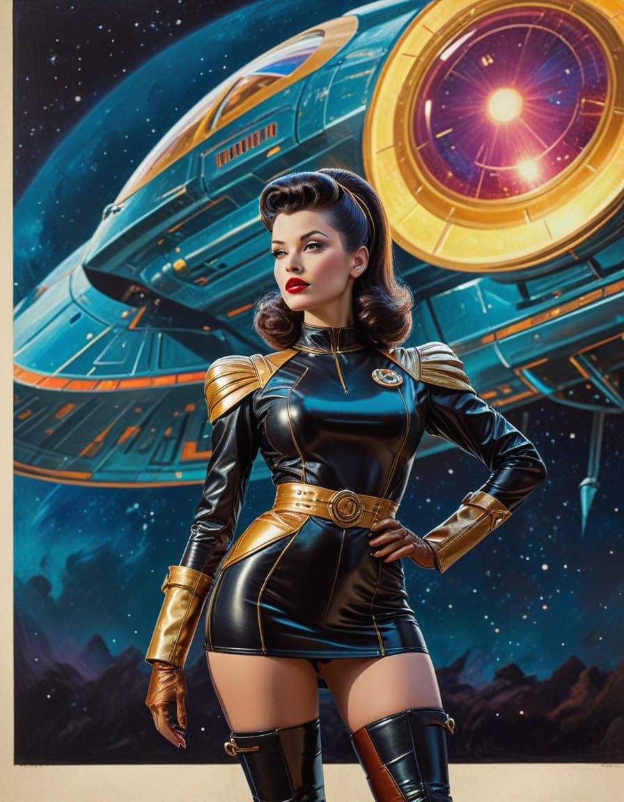 Retro Sci-Fi Pinup Goddess in Flying Saucer
