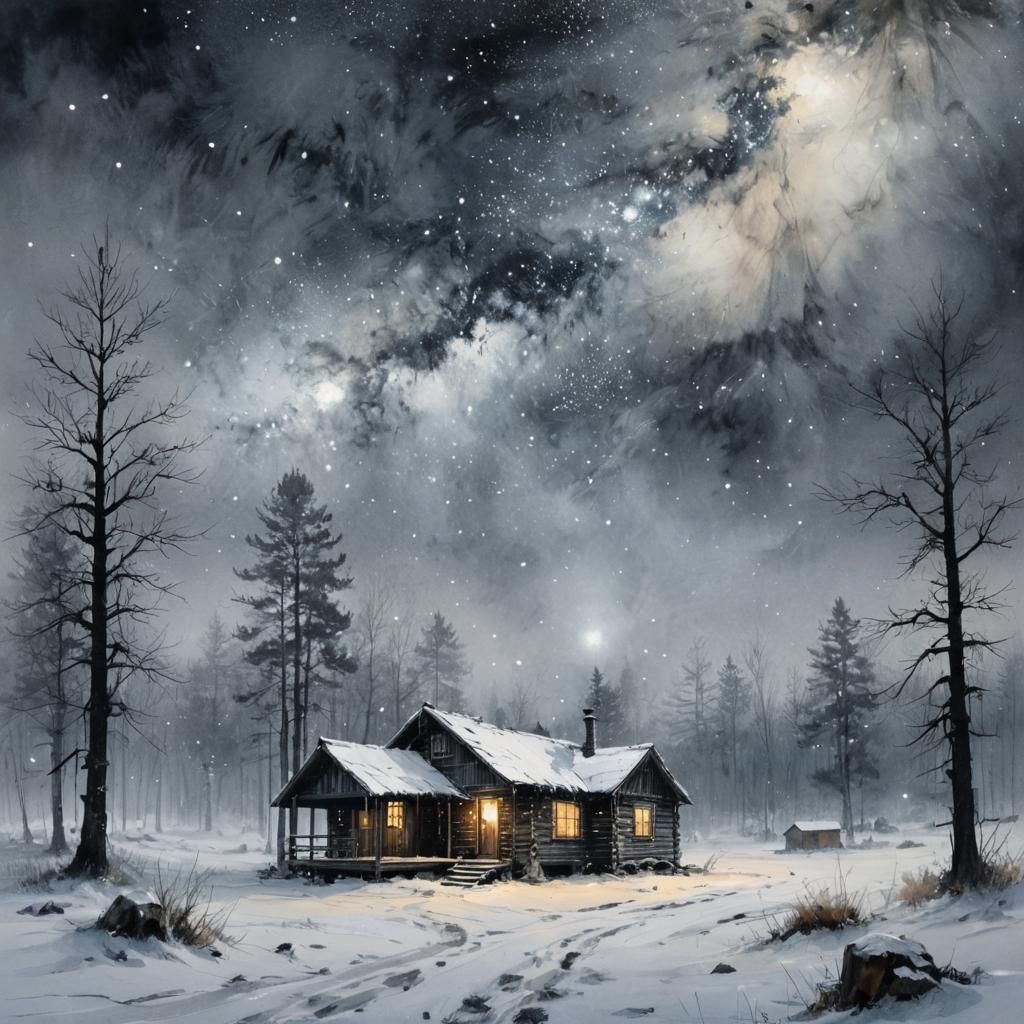 Snowy cabin, mystic fog winter sky illuminating constellatio...