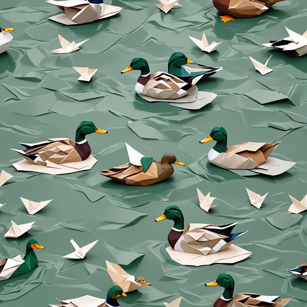 Origami Mallard Ducks on River in Papercraft Style