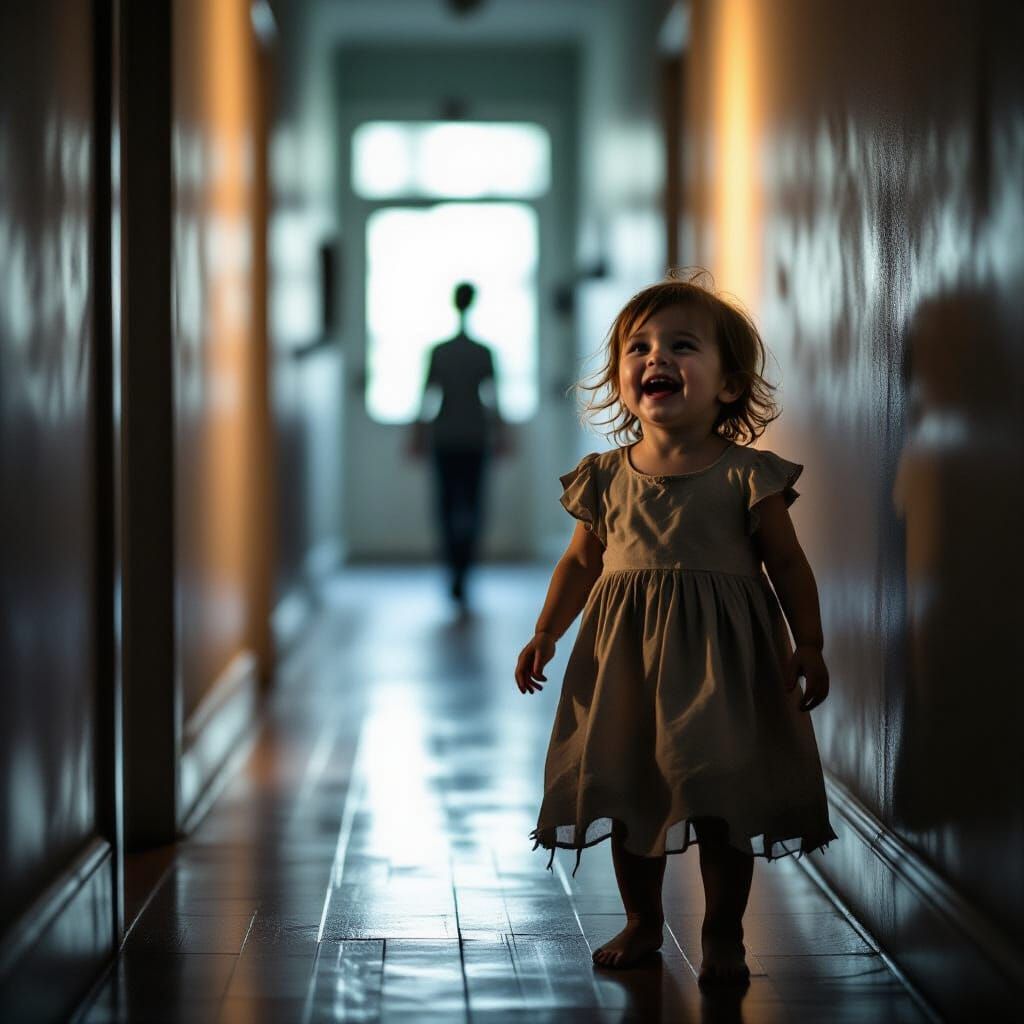 Eerie Laughing Child in Dimly Lit Hallway