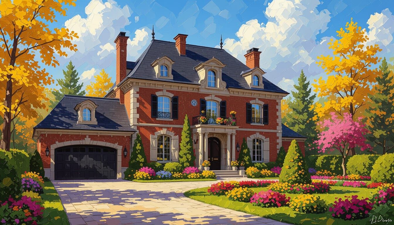 Grand Brick Chateau in Vibrant Garden