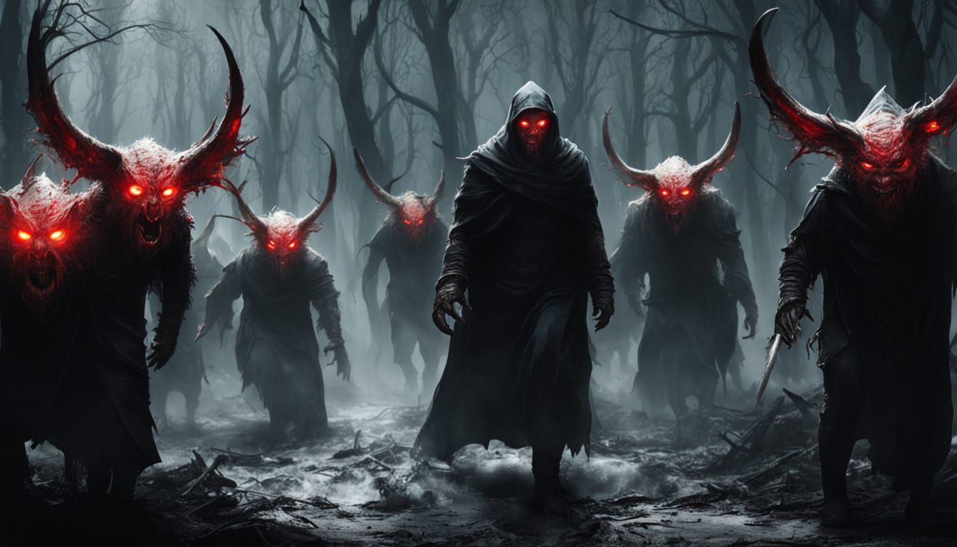 Dark Fantasy Scene with Sinister Creatures in Eerie Forest