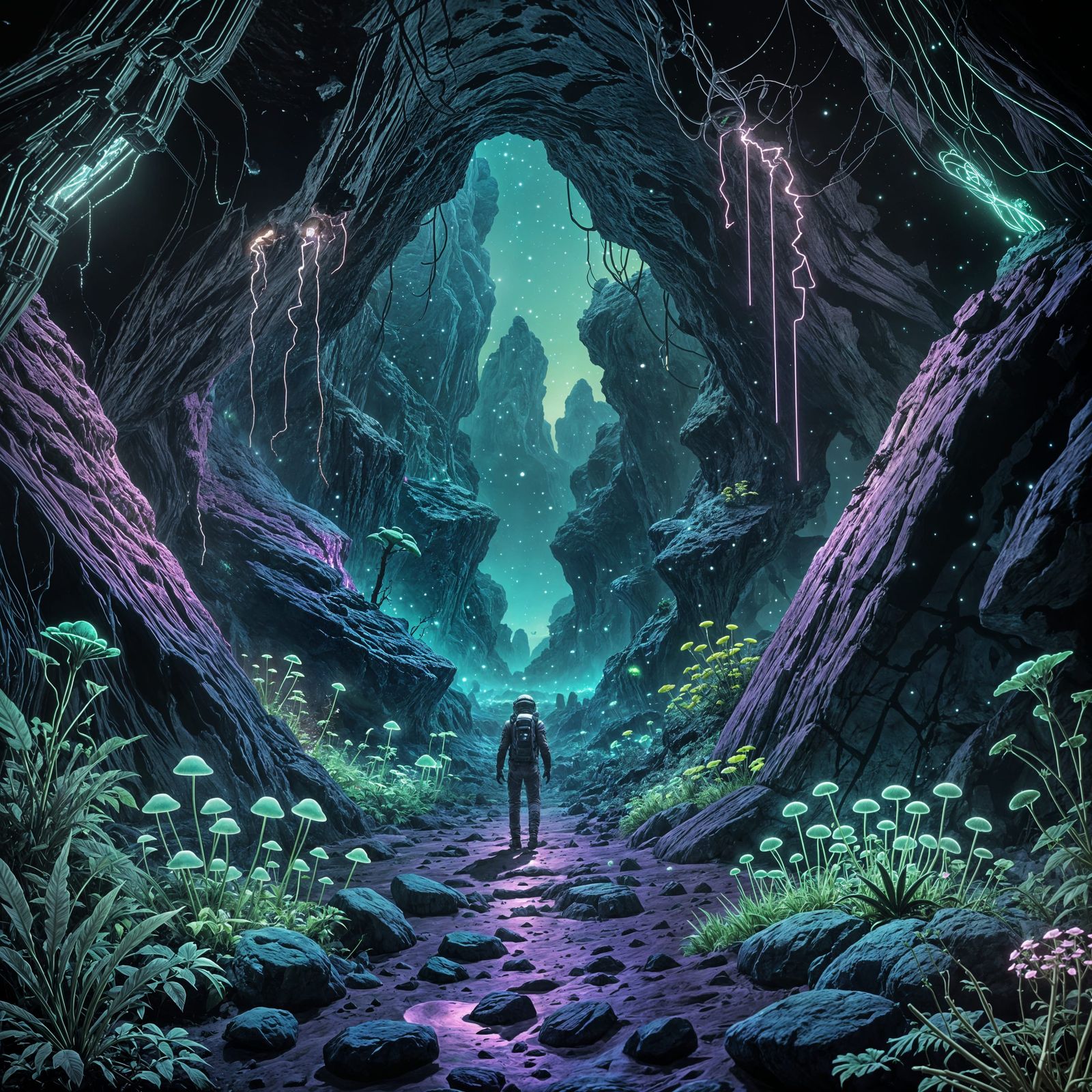 Astronaut Explores Bioluminescent Cave on Alien Planet