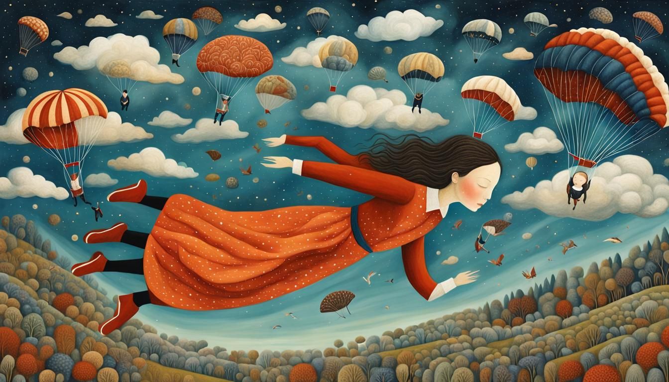 Girl Skydiving Through Galaxy: Whimsical Digital Art