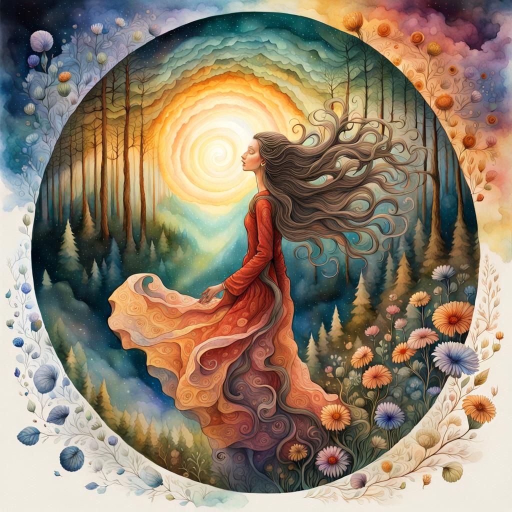 Surreal Woman with Flower in a Warped Forest